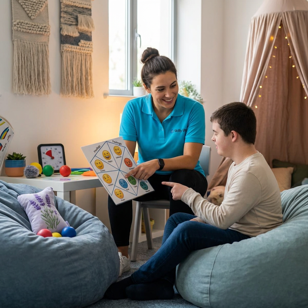 A Skilly Up worker using a feelings chart in a calm behaviour support session