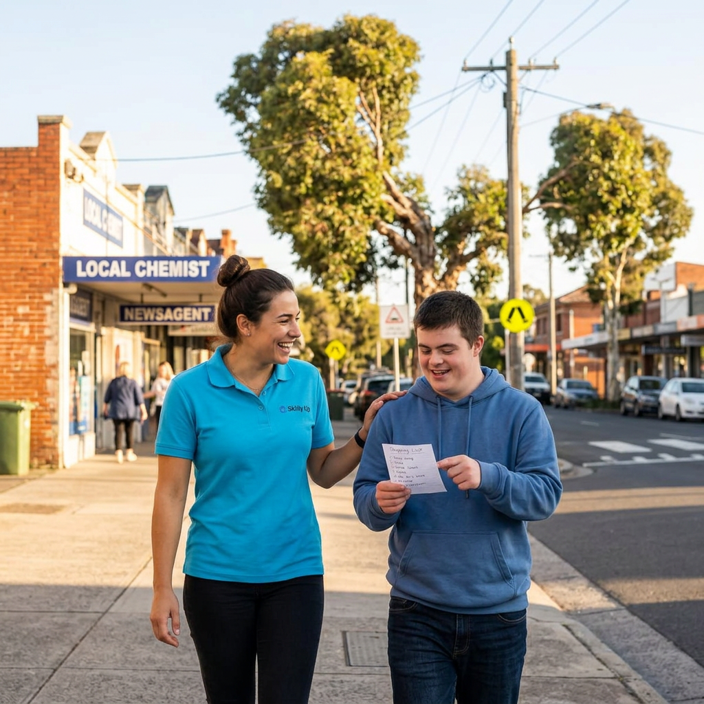 A Skilly Up worker and participant out shopping in the local community
