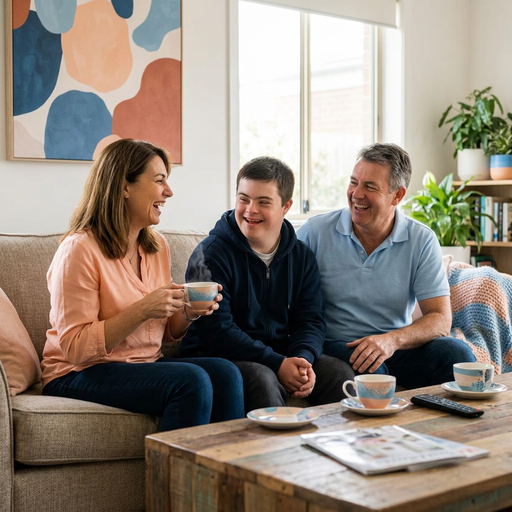 A family sitting together at home, laughing over a cup of tea