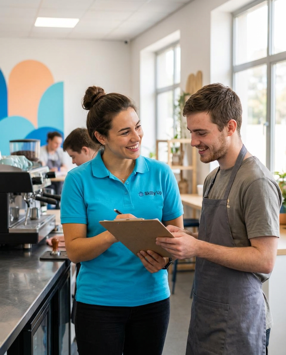 A Skilly Up support worker guiding a young participant through a task in a workplace